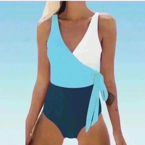 Cupshe One Piece Swimsuits Wrap Tie At Waist Color Blue White Size L - Picture 1 of 3